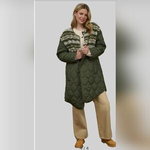 Blu Pepper Fleece Quilted Long Jacket Olive Large